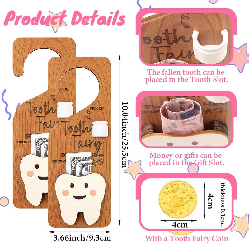 WALLFID 2-Piece Tooth Fairy Set with 2 Tooth Fairy Coins,Tooth Fairy Door Hanger with Tooth Holder & Gift Compartment,Perfect for Celebrating Lost Teeth.. - Image 2